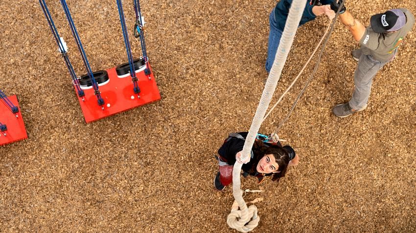Aerial view of rope climb challenge on the ninja course